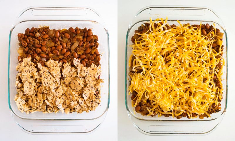 Layer up the beans, chips, and cheese for a perfect bite every time!