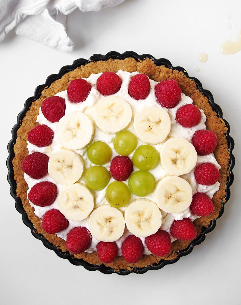 With a sweet potato crust, honeyed mousse filling, and juicy raspberries, this fruit tart is a way better dessert.
