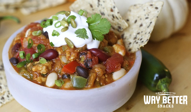A warm comforting bowl of chili is given a better-for-you twist with the subtle, antioxidant-rich pumpkin addition.