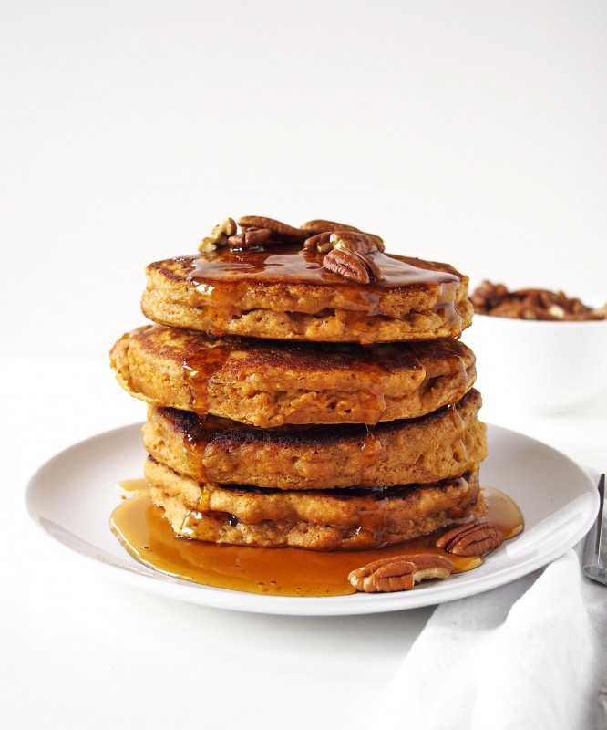 Sweet Potato pancakes with roasted pecans and local maple syrup make brunch worth waiting all week for.