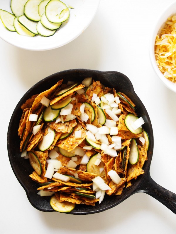 It's time to brunch with this perfect pan of zucchini sriracha chilaquiles.